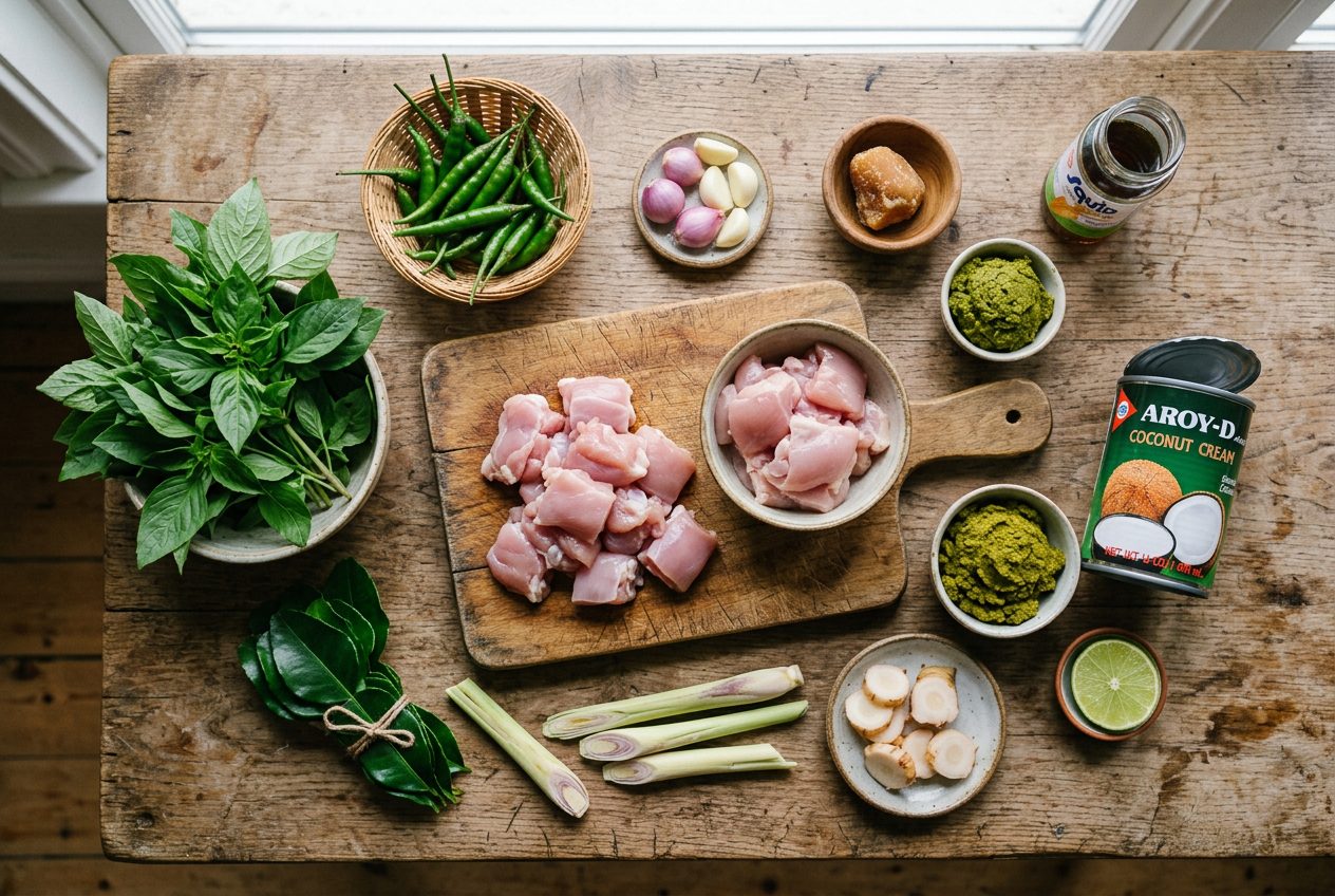 Thai green curry ingredients: green chilies, kaffir lime leaves, lemongrass, Thai basil and coconut cream