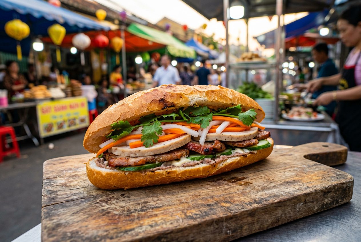 Vietnamese banh mi sandwich sliced open on a rustic wooden board showing pickled daikon, carrot, cilantro, and pork filling