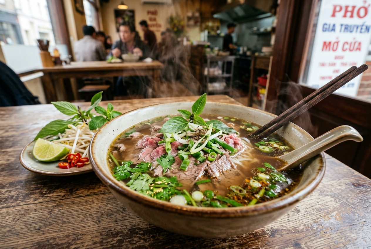 Steaming bowl of Vietnamese pho with beef slices, rice noodles, fresh herbs, cilantro, bean sprouts, and lime on a wooden table
