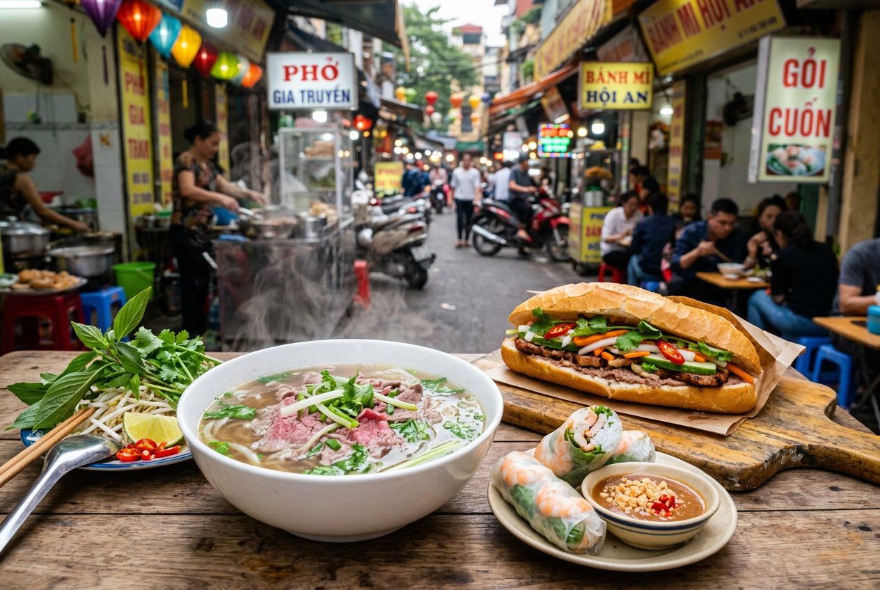 Vietnamese food spread featuring pho soup, banh mi sandwich, and fresh spring rolls on a wooden table