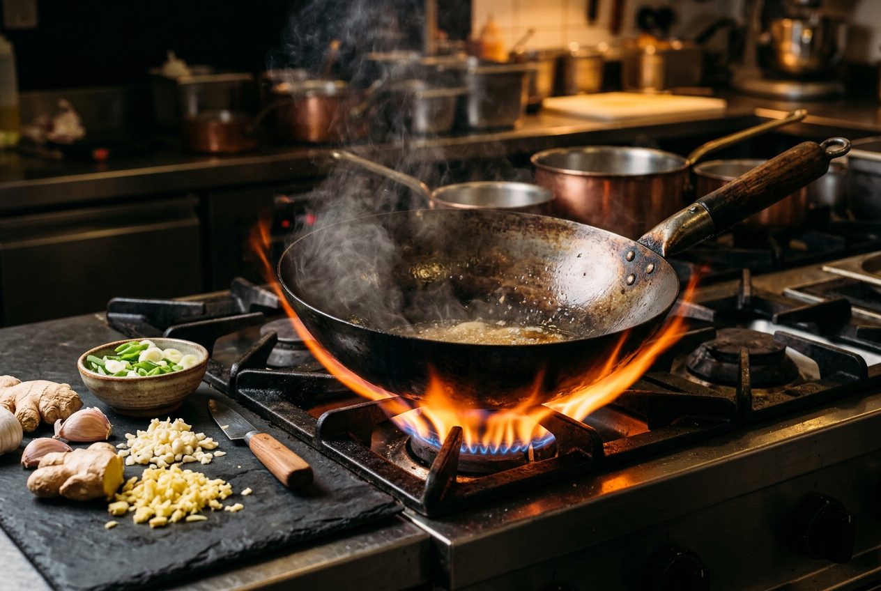Seasoned carbon steel wok on a gas stovetop with flames and fresh aromatics