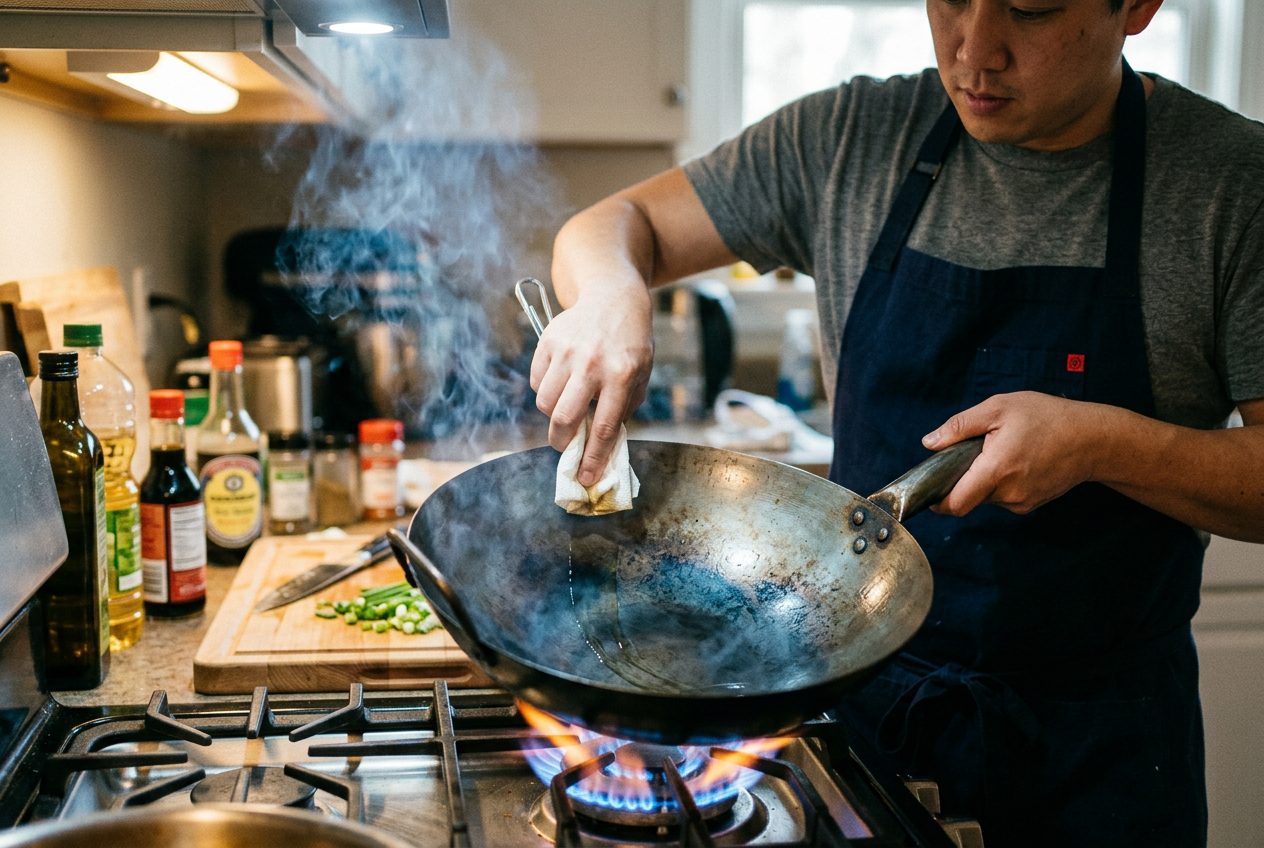 Seasoning a carbon steel wok over high gas flame to build a natural non-stick patina