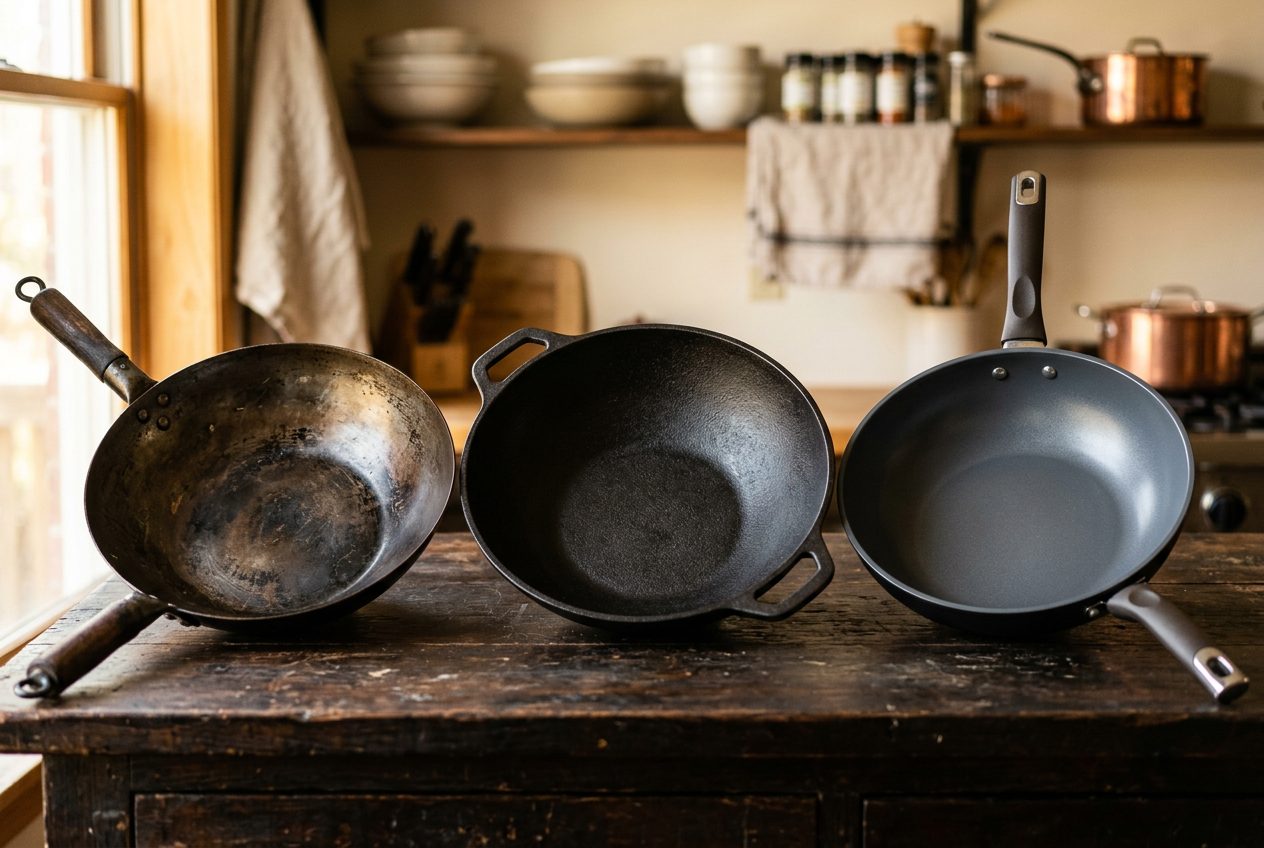 Comparison of different wok types - carbon steel, cast iron, and non-stick side by side